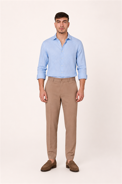 Erkek Beli Yarım Lastikli Fermuarlı Vizon Chino Pantolon