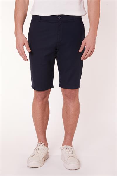 Erkek Beli Yarım Lastikli Keten Görünümlü Pamuk Şort Lacivert
