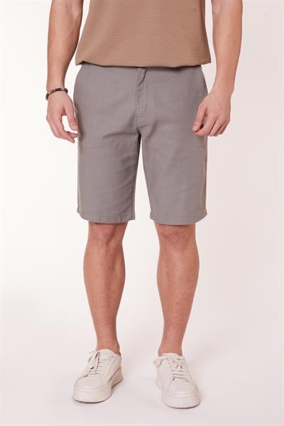 Erkek Beli Yarım Lastikli Keten Görünümlü Pamuk Şort Haki