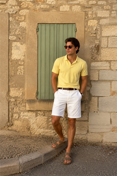 Erkek Beli Yarım Lastikli Keten Pamuk Karışımlı Slim Fit Şort Ekru