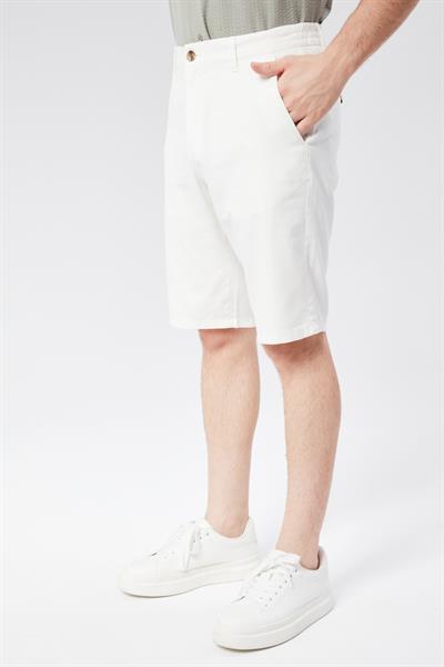 Erkek Beli Yarım Lastikli Keten Pamuk Karışımlı Slim Fit Şort Ekru