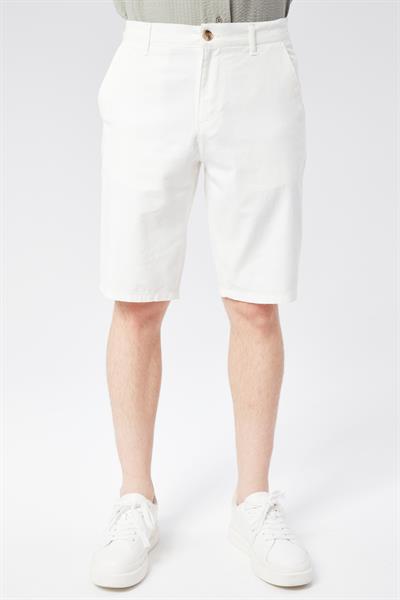 Erkek Beli Yarım Lastikli Keten Pamuk Karışımlı Slim Fit Şort Ekru