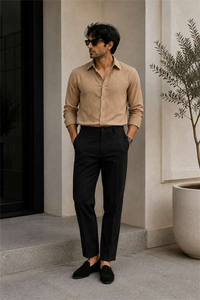Erkek Beli Yarım Lastikli Pilili Gofre Slim Fit Pantolon Siyah