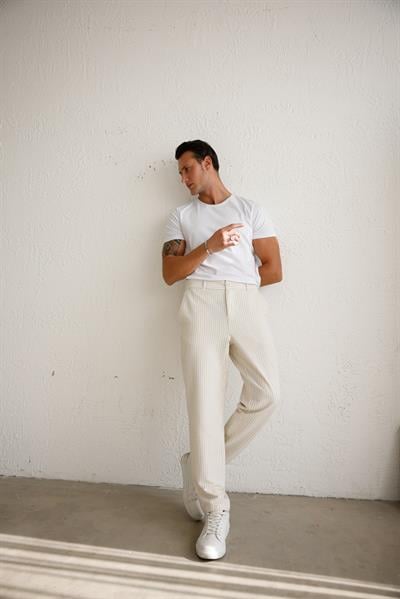 Erkek Esnek Dokulu Slim Fit Bej Pantolon