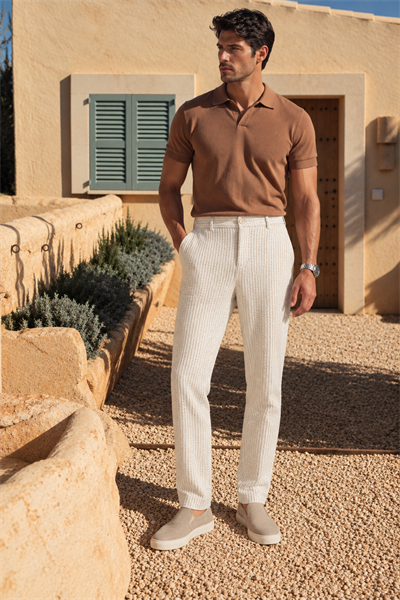 Erkek Esnek Dokulu Slim Fit Bej Pantolon