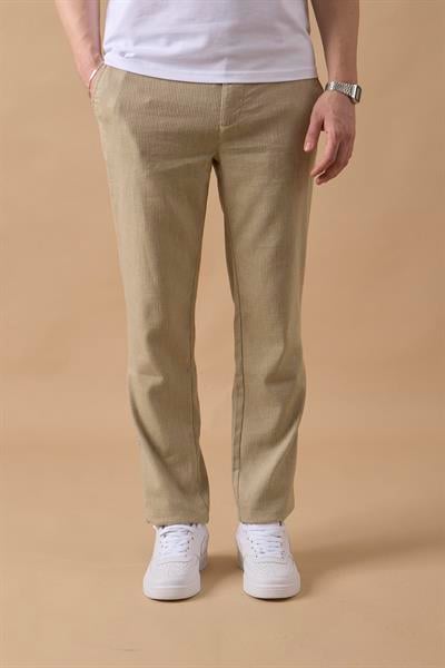 Erkek Haki Slim Fit Keten Karışımlı Çizgili Pantolon