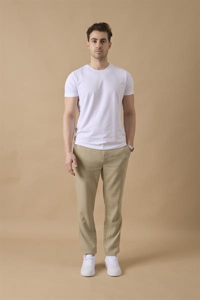 Erkek Haki Slim Fit Keten Karışımlı Çizgili Pantolon