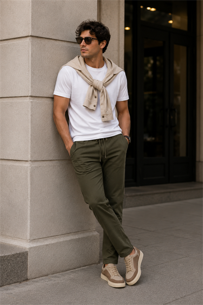 Erkek Haki Slim Fit Lastikli Bel Bağcıklı  Jogger Pantolon