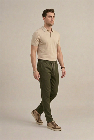 Erkek Haki Slim Fit Lastikli Bel Bağcıklı  Jogger Pantolon