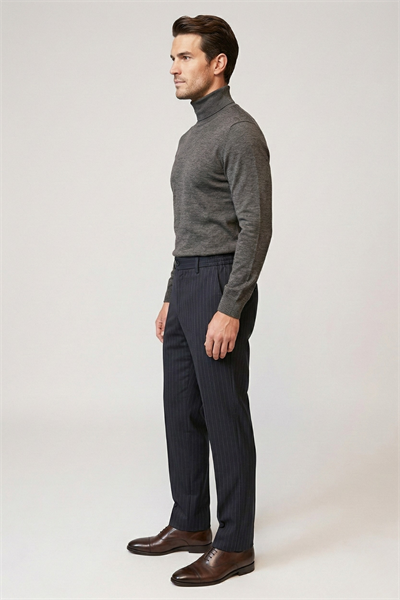 Erkek Lacivert Çizgili Pantolon Slim Fit Şık Klasik Kumaş Pantolon