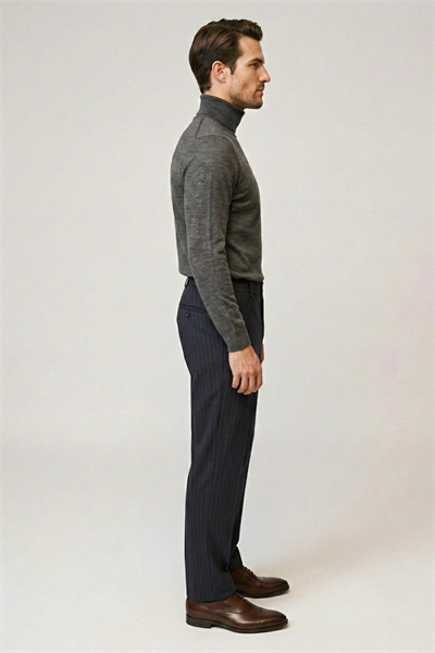 Erkek Lacivert Çizgili Pantolon Slim Fit Şık Klasik Kumaş Pantolon