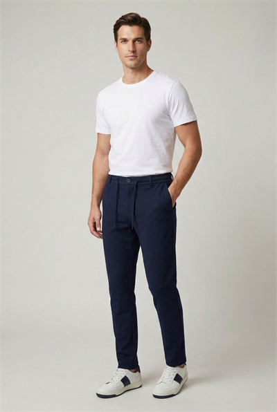 Erkek Lacivert Slim Fit Beli Yarım Lastikli Bağcıklı Yumuşak Tuşeli Jogger Pantolon