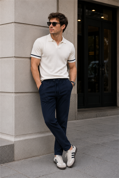 Erkek Lacivert Slim Fit Lastikli Bel Bağcıklı  Jogger Pantolon