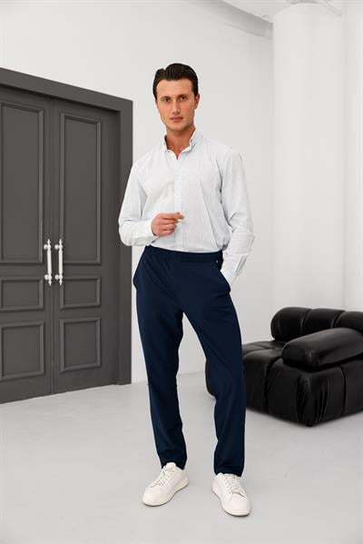 Erkek Lacivert Slim Fit Lastikli Bel Esnek Kumaş Dar Kesim Pantolon