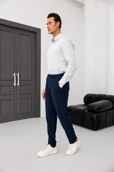 Erkek Lacivert Slim Fit Lastikli Bel Esnek Kumaş Dar Kesim Pantolon