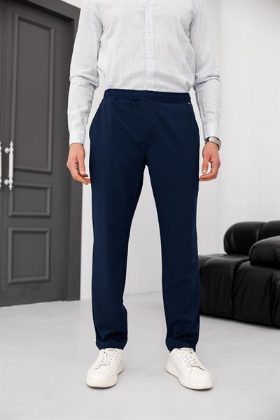 Erkek Lacivert Slim Fit Lastikli Bel Esnek Kumaş Dar Kesim Pantolon