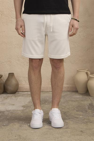 Erkek Lastikli Bel Kordonlu Duble Paça Beyaz Şort