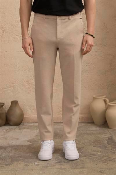 Erkek Likralı Dokulu Bej Pantolon