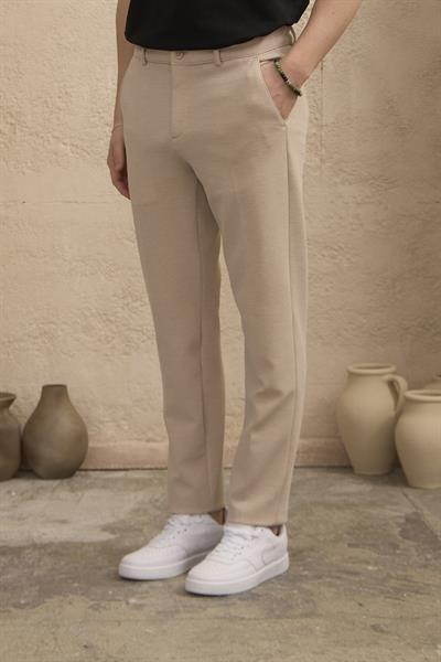 Erkek Likralı Dokulu Bej Pantolon