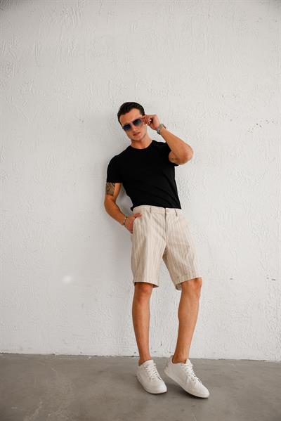 Erkek Pamuk Keten Karışımlı Duble Paça Haki Şort