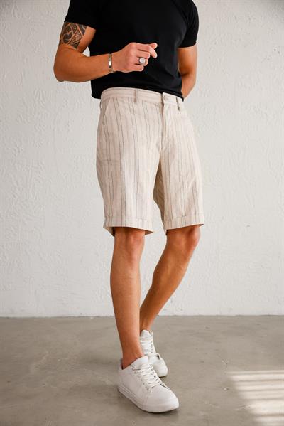 Erkek Pamuk Keten Karışımlı Duble Paça Haki Şort