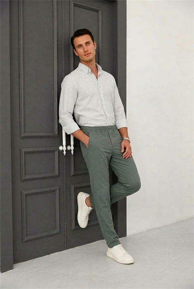 Erkek Petrol Yeşili Slim Fit Lastikli Bel Esnek Kumaş Dar Kesim Pantolon