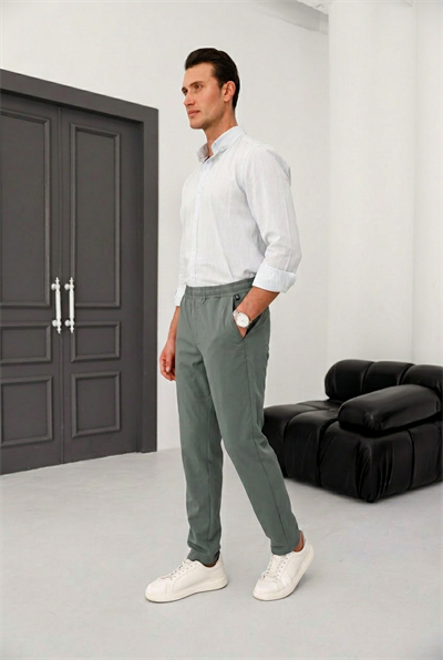 Erkek Petrol Yeşili Slim Fit Lastikli Bel Esnek Kumaş Dar Kesim Pantolon