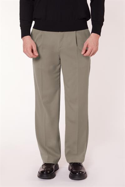 Erkek Pileli Dökümlü Geniş Paça Haki Baggy Pantolon