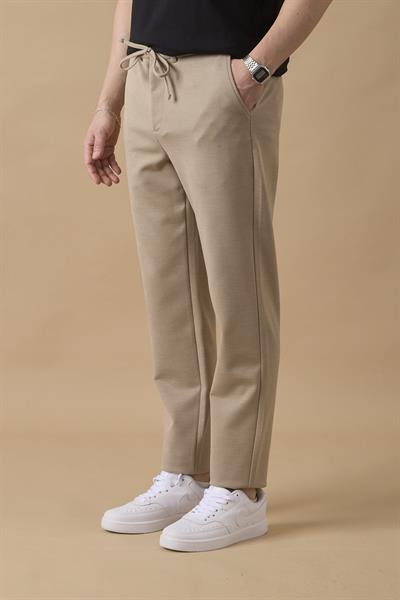 Erkek Regular Fit Orta Bel Düz Paça Bej Pantolon