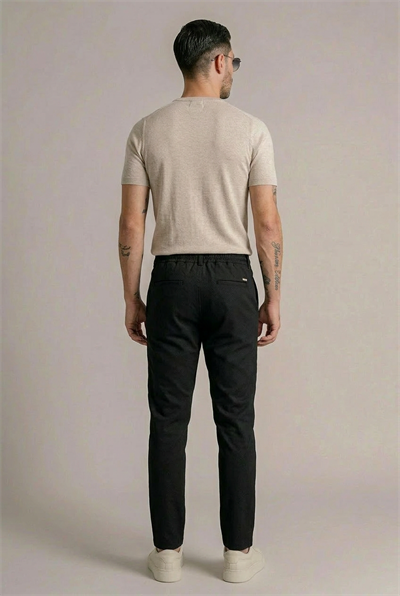 Erkek Siyah Slim Fit Bağcıklı Beli Yarım Lastikli Pamuklu Pantolon