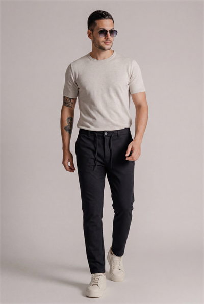Erkek Siyah Slim Fit Bağcıklı Beli Yarım Lastikli Pamuklu Pantolon