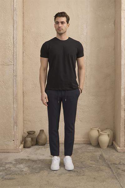 Erkek Slim Fit Beli Bağlamalı Dokulu Lacivert Pantolon