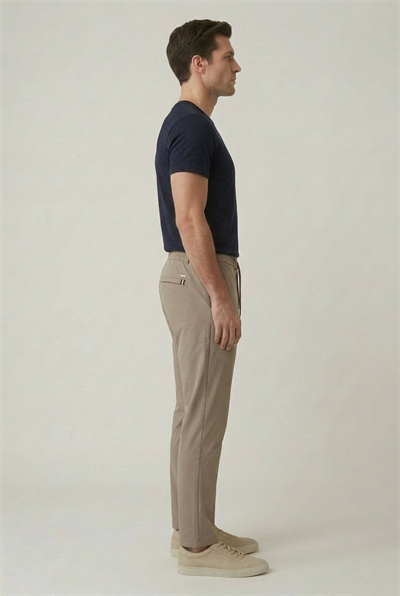 Erkek Vizon Slim Fit Beli Yarım Lastikli Bağcıklı Kırışmaz Kumaş Jogger Pantolon