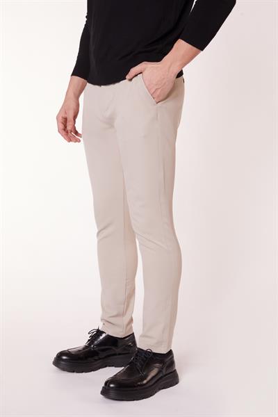 Erkek Yandan Cepli Bel Bağcıklı Fermuarlı Slim Fit Chino Bej Pantolon