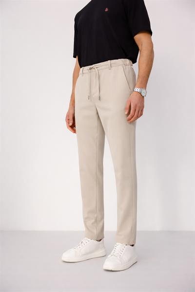 Erkek Yandan Cepli Bel Bağcıklı Fermuarlı Slim Fit Chino Bej Pantolon