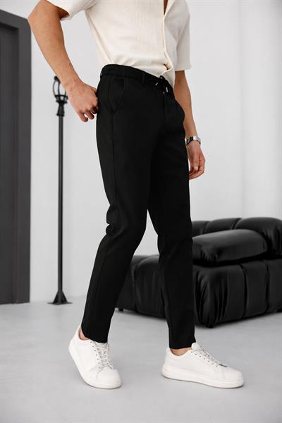 Erkek Yandan Cepli Bel Bağcıklı Fermuarlı Slim Fit Chino Siyah Pantolon