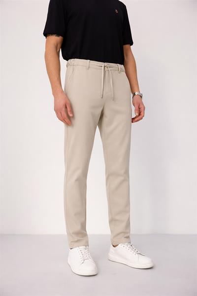 Erkek Yandan Cepli Bel Bağcıklı Fermuarlı Slim Fit Chino Bej Pantolon