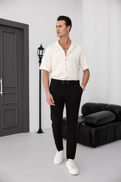 Erkek Yandan Cepli Bel Bağcıklı Fermuarlı Slim Fit Chino Siyah Pantolon