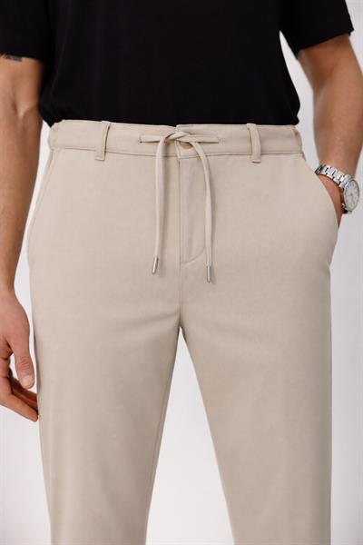 Erkek Yandan Cepli Bel Bağcıklı Fermuarlı Slim Fit Chino Bej Pantolon