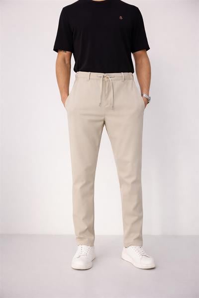 Erkek Yandan Cepli Bel Bağcıklı Fermuarlı Slim Fit Chino Bej Pantolon