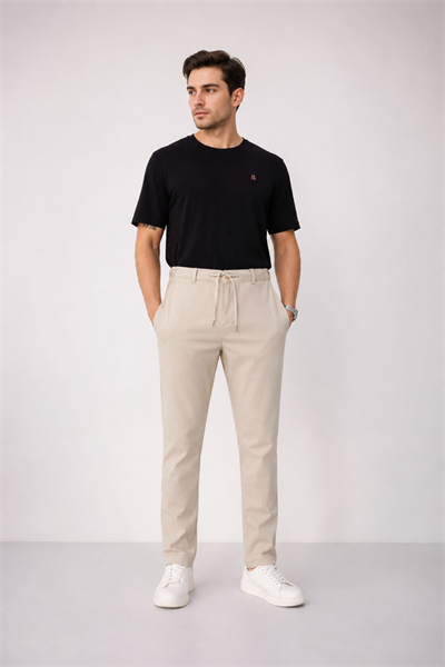Erkek Yandan Cepli Bel Bağcıklı Fermuarlı Slim Fit Chino Bej Pantolon