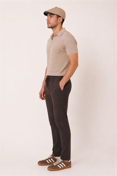 Erkek Yandan Cepli Bel Bağcıklı Slim Fit Chino Kahverengi Pantolon