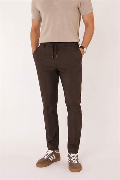 Erkek Yandan Cepli Bel Bağcıklı Slim Fit Chino Kahverengi Pantolon