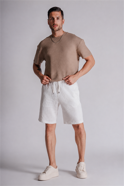 Erkek Yandan Cepli Beli Lastikli  Dokulu Kumaş Relaxed Fit Jogger Şort Ekru