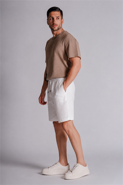 Erkek Yandan Cepli Beli Lastikli  Dokulu Kumaş Relaxed Fit Jogger Şort Ekru