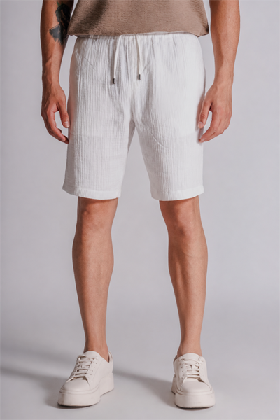 Erkek Yandan Cepli Beli Lastikli  Dokulu Kumaş Relaxed Fit Jogger Şort Ekru