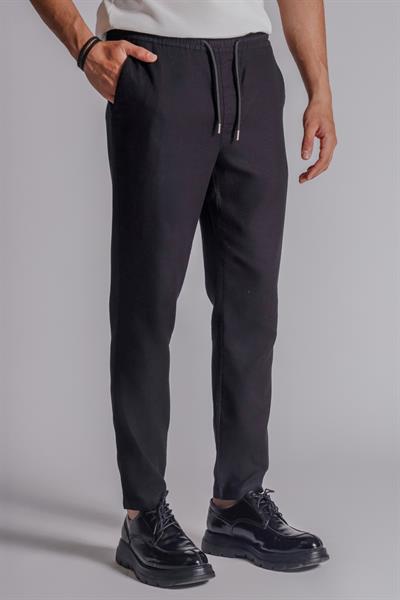 Erkek Yandan Cepli Beli Lastikli Keten Dokulu Relaxed Fit Siyah