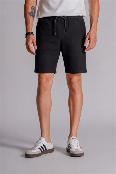 Erkek Yandan Cepli Beli Lastikli Keten Dokulu Relaxed Fit Jogger Şort Siyah