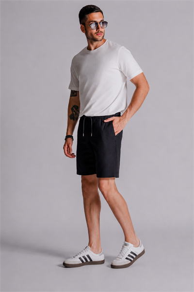 Erkek Yandan Cepli Beli Lastikli Keten Dokulu Relaxed Fit Jogger Şort Siyah