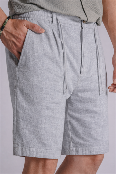Erkek Yandan Cepli Beli Lastikli Keten Karışımlı Relaxed Fit Chino Şort Gri
